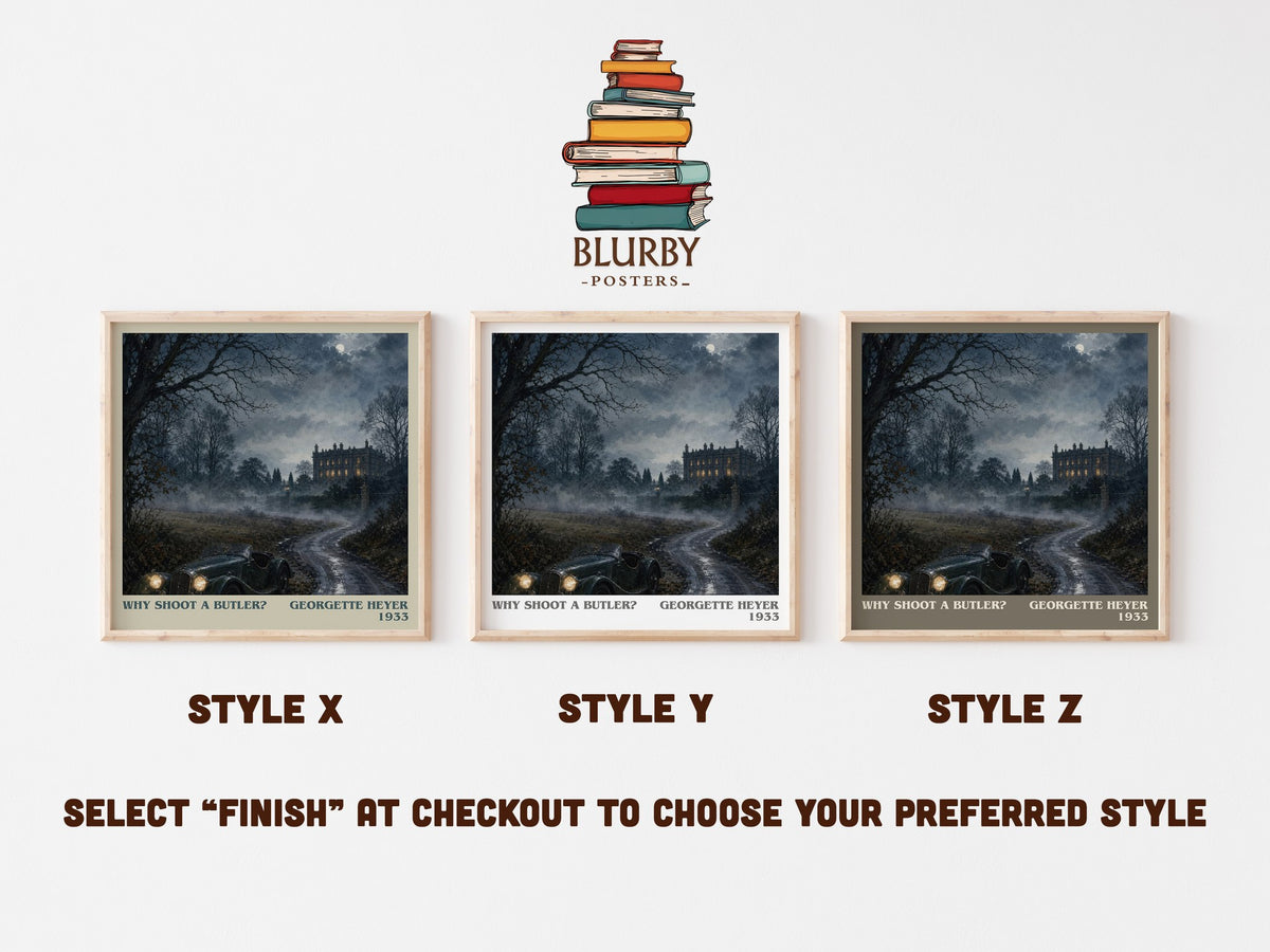 Why Shoot a Butler? literary print in frame leaning in hallway – mystery wall art (mockup)