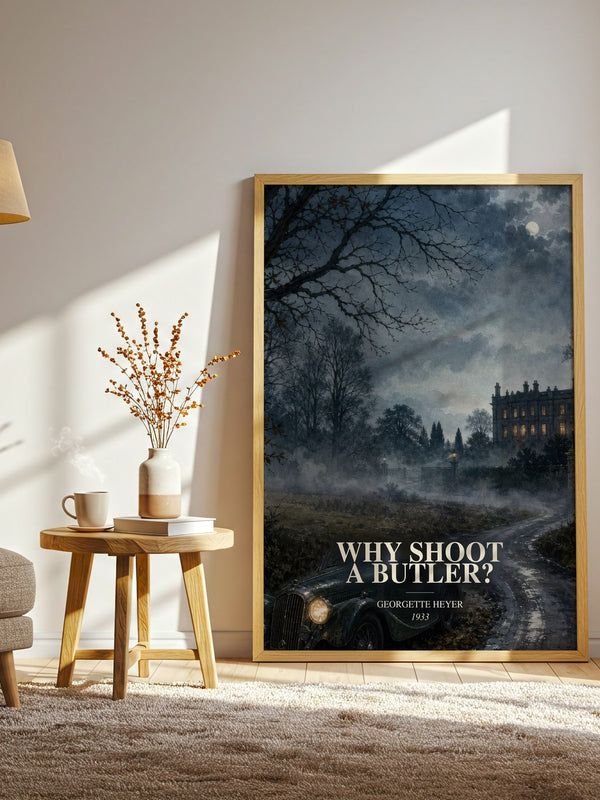 Why Shoot a Butler? watercolour print in frame leaning in hallway – mystery wall art