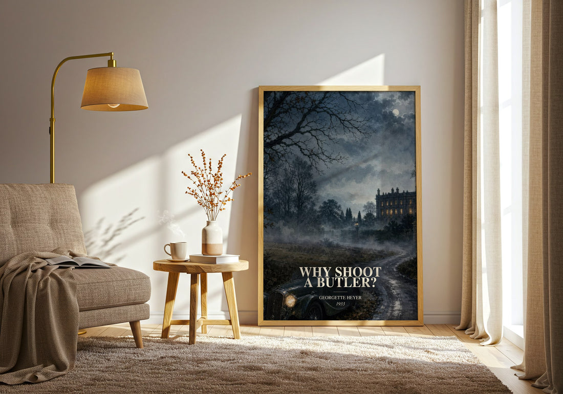 Why Shoot a Butler? watercolour print in frame leaning in hallway – mystery wall art (mockup)
