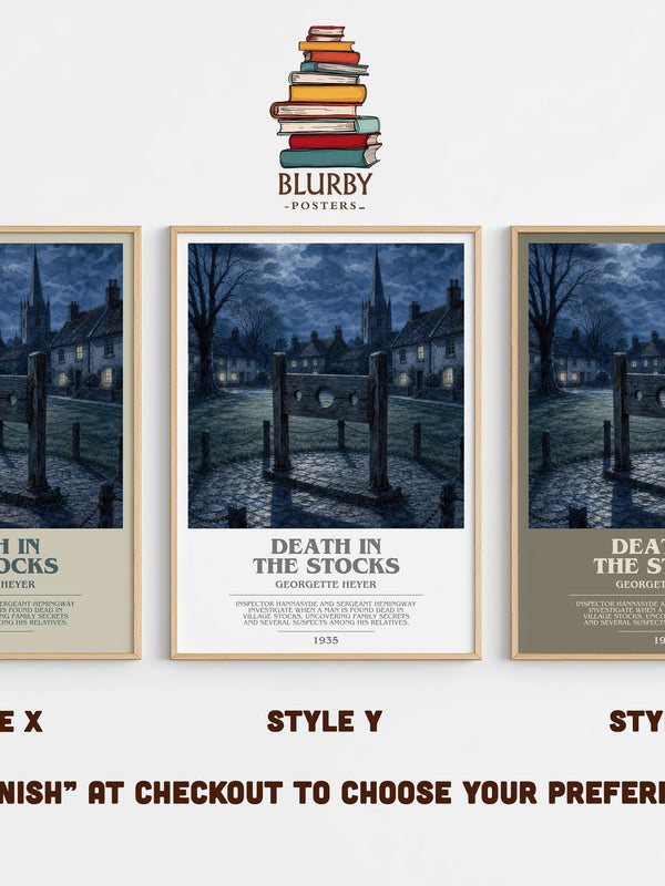 Death in the Stocks bookish print in frame leaning in hallway – mystery wall art