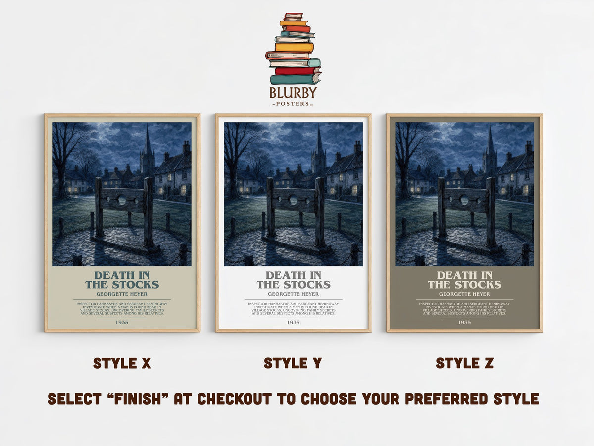 Death in the Stocks bookish print in frame leaning in hallway – mystery wall art (mockup)