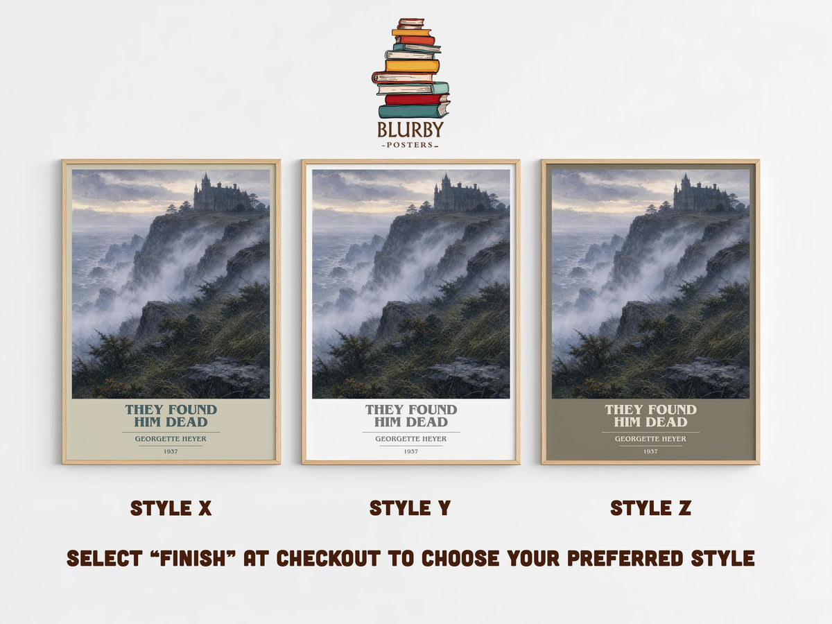 They Found Him Dead book cover print in frame leaning in hallway – mystery wall art (mockup)
