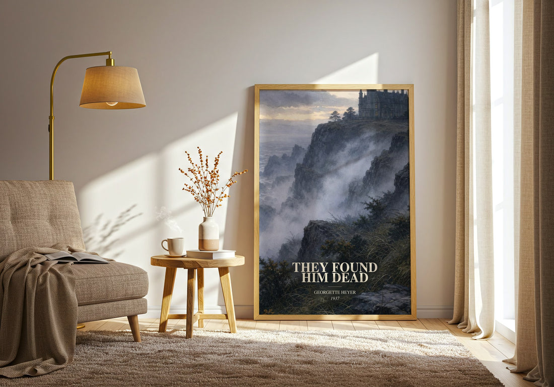 They Found Him Dead watercolour print in frame leaning in hallway – mystery wall art (mockup)