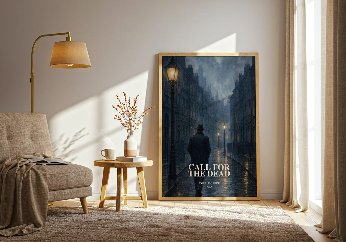 Call for the Dead watercolour print in frame leaning in hallway – thriller wall art (mockup)