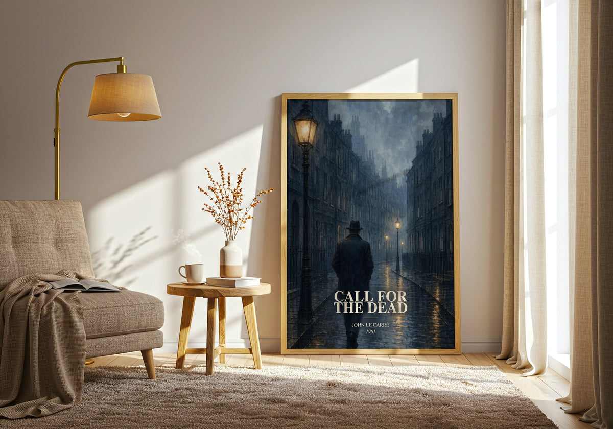 Call for the Dead watercolour print in frame leaning in hallway – thriller wall art (mockup)