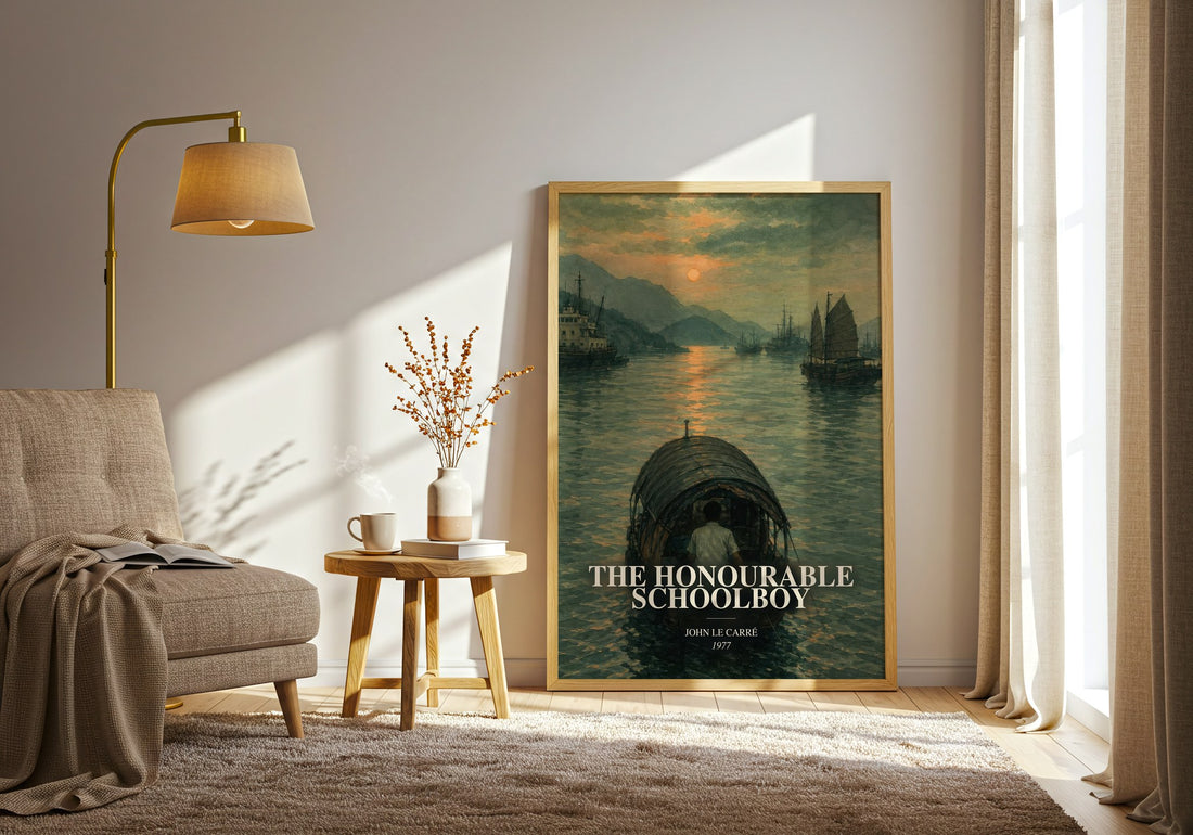 The Honourable Schoolboy watercolour print in frame leaning in hallway – thriller wall art (mockup)