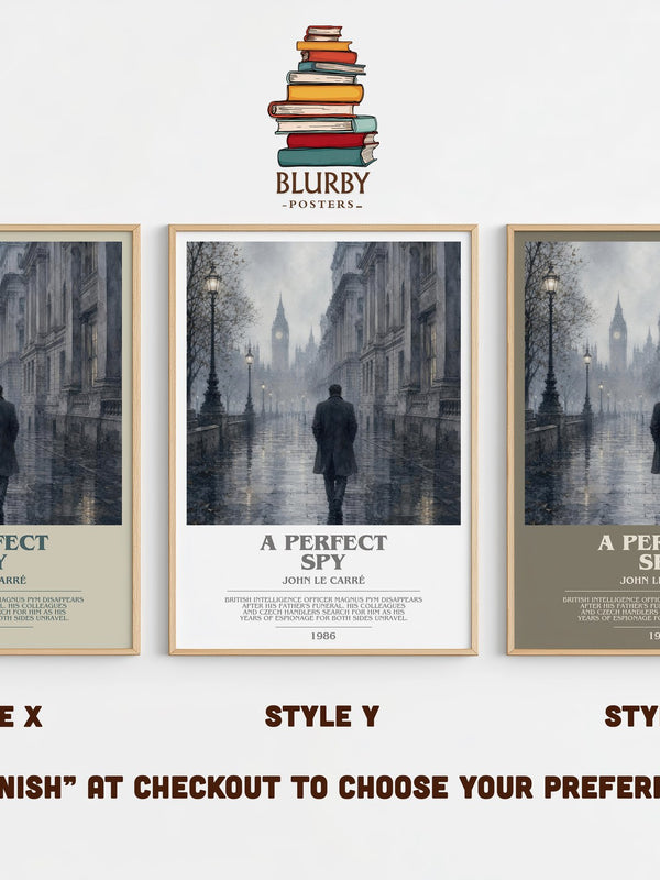 A Perfect Spy bookish print in frame leaning in hallway – thriller wall art