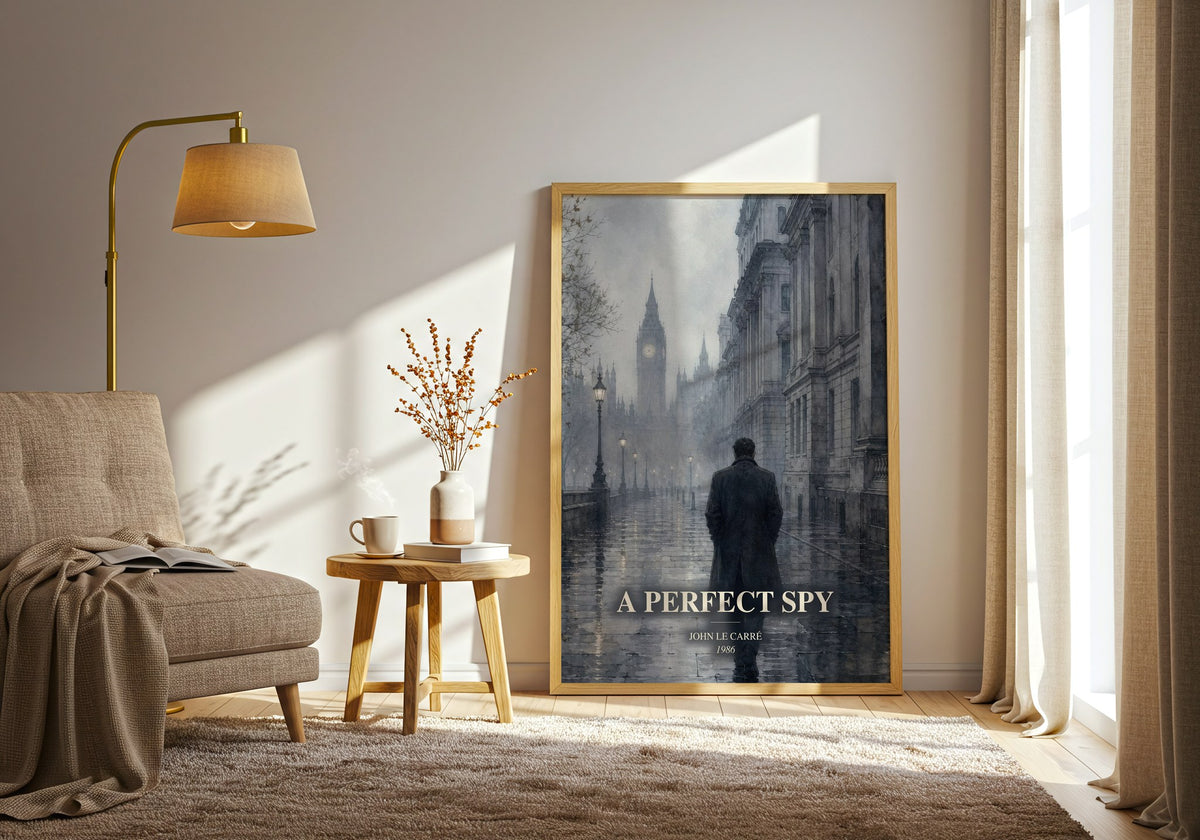 A Perfect Spy watercolour print in frame leaning in hallway – thriller wall art (mockup)