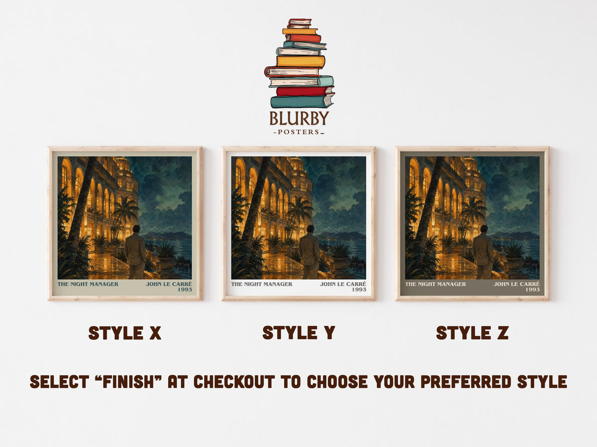 The Night Manager literary print in frame leaning in hallway – thriller wall art (mockup)