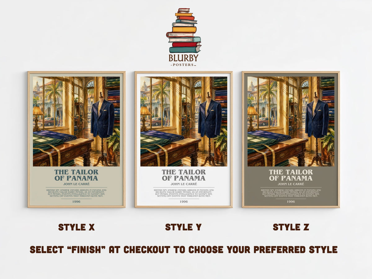 The Tailor of Panama bookish print in frame leaning in hallway – thriller wall art (mockup)