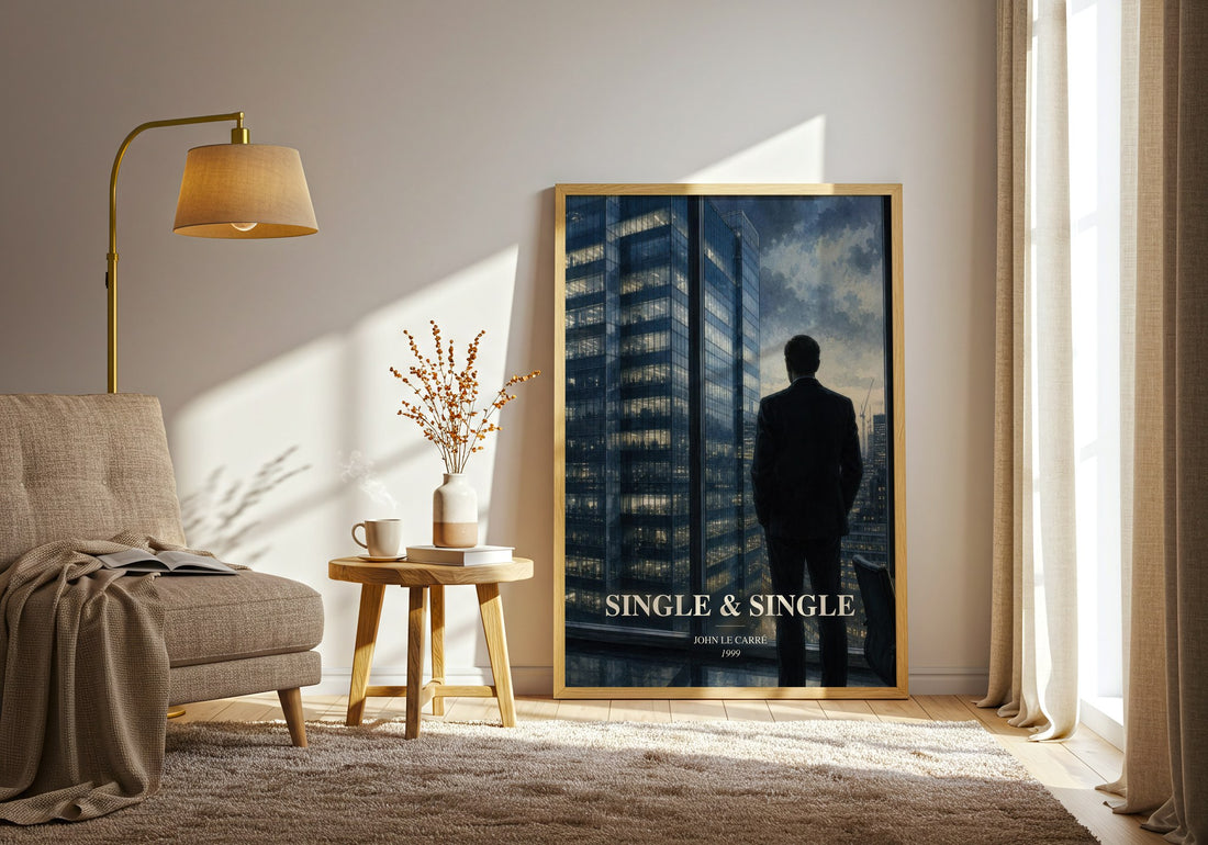 Single & Single watercolour print in frame leaning in hallway – legal thriller wall art (mockup)