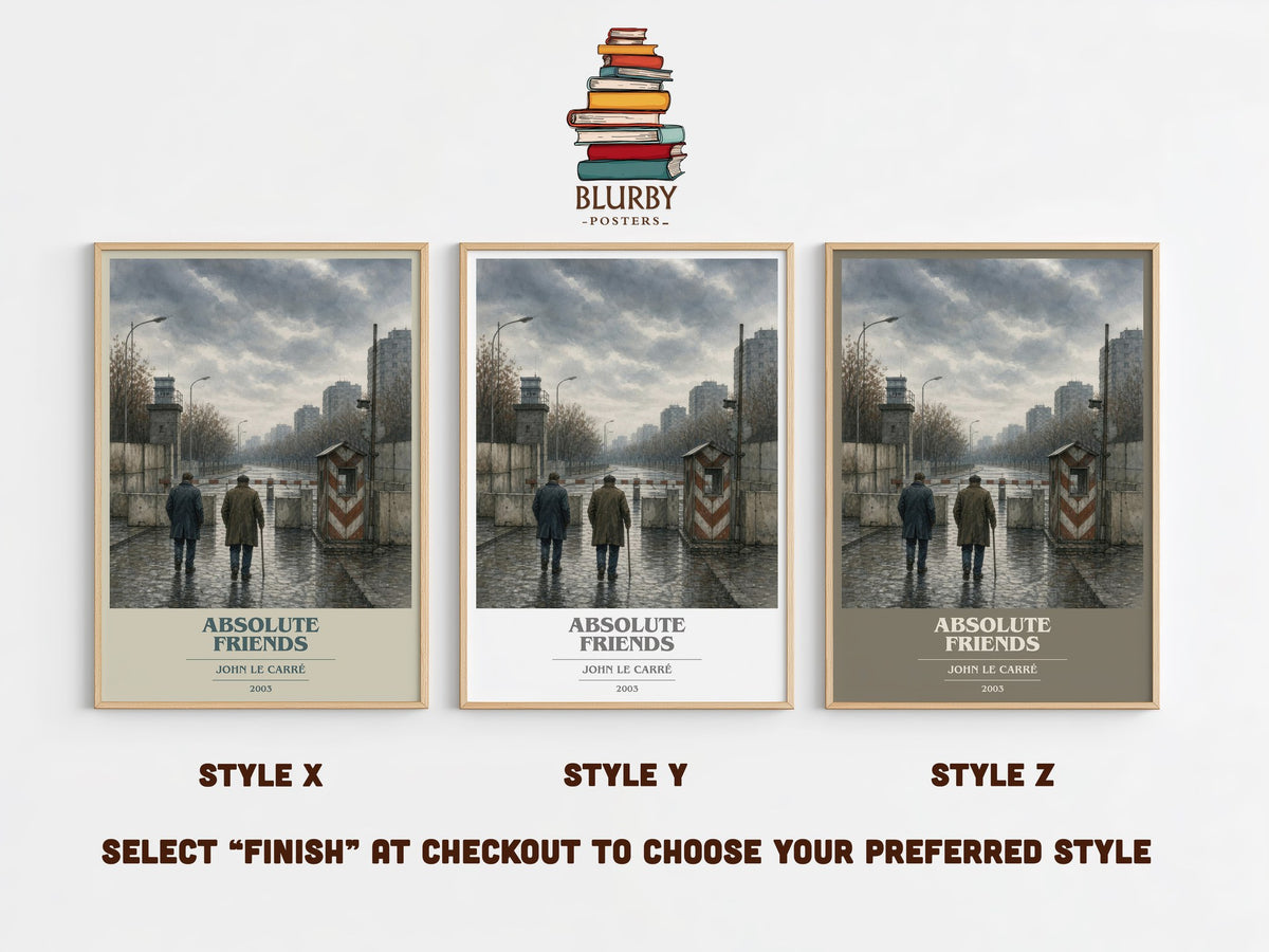 Absolute Friends book cover print in frame leaning in hallway – thriller wall art (mockup)