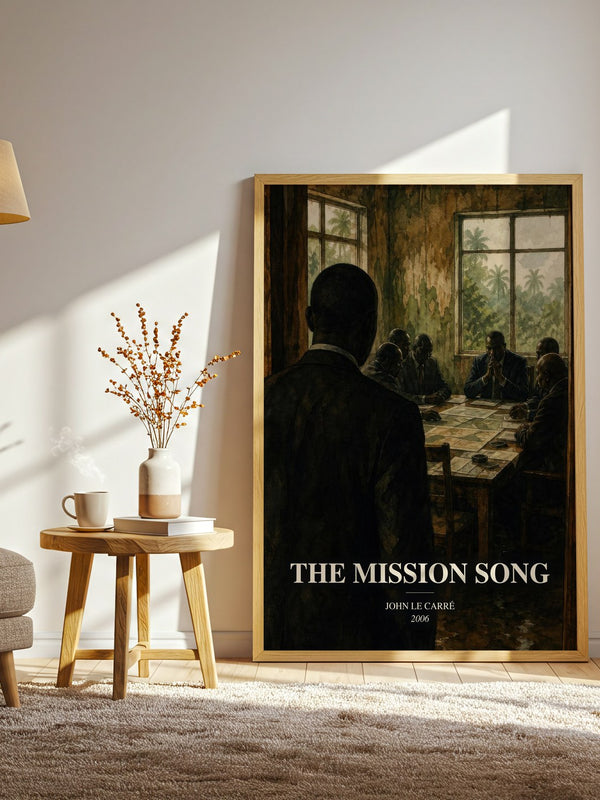 The Mission Song watercolour print in frame leaning in hallway – thriller wall art