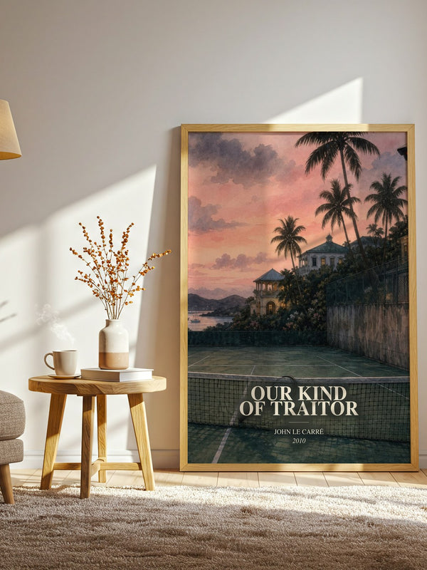 Our Kind of Traitor watercolour print in frame leaning in hallway – thriller wall art