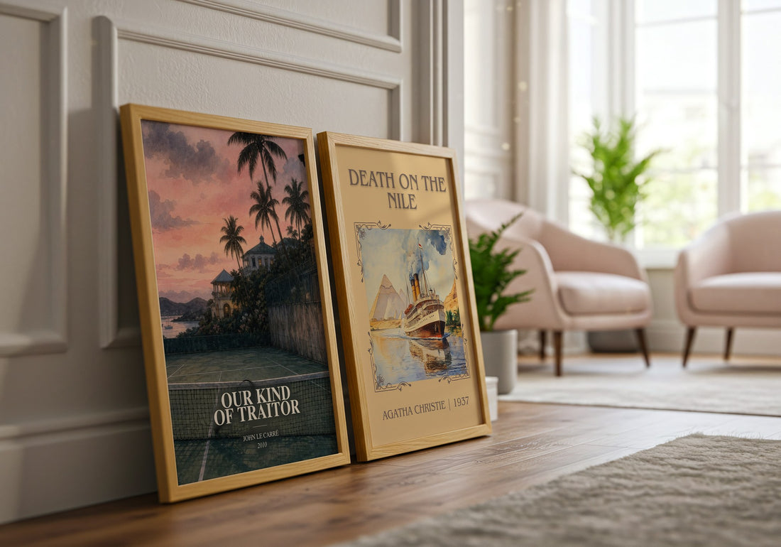 Our Kind of Traitor watercolour print framed by window – literary home decor