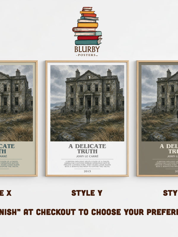 A Delicate Truth bookish print in frame leaning in hallway – thriller wall art