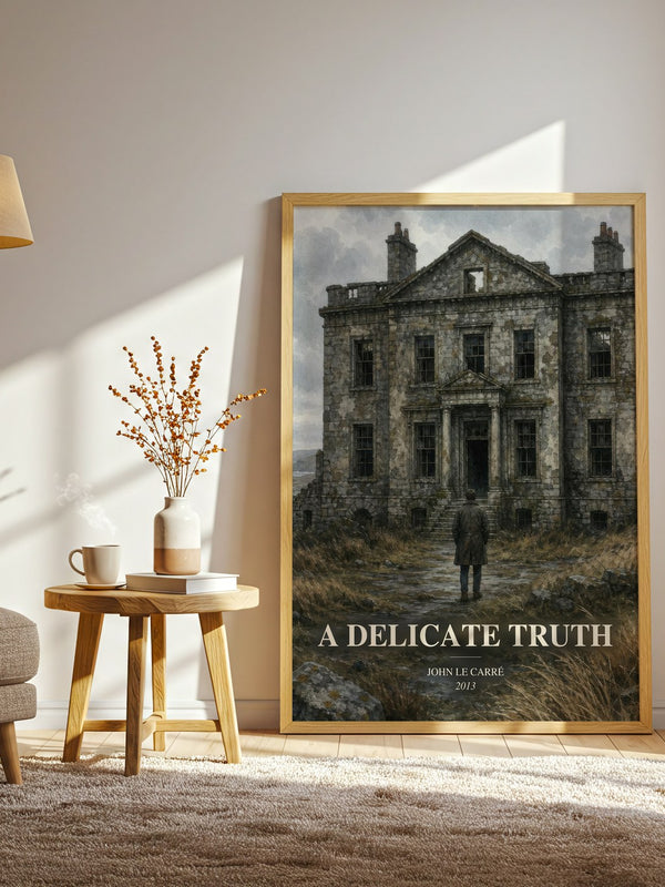 A Delicate Truth watercolour print in frame leaning in hallway – thriller wall art