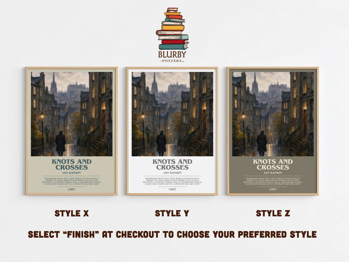 Knots and Crosses bookish print in frame leaning in hallway – crime wall art (mockup)