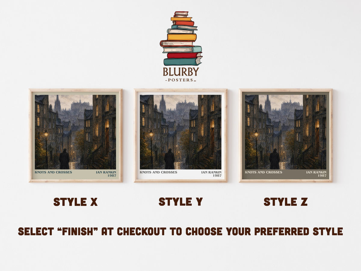 Knots and Crosses literary print in frame leaning in hallway – crime wall art (mockup)