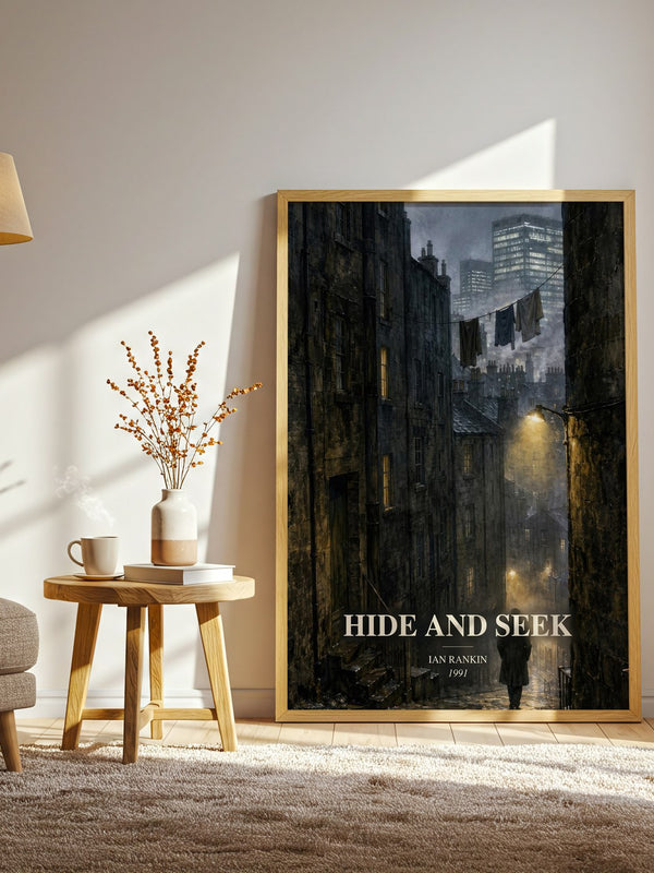 Hide and Seek watercolour print in frame leaning in hallway – crime wall art
