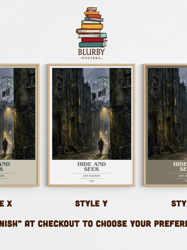 Hide and Seek book cover print in frame leaning in hallway – crime wall art