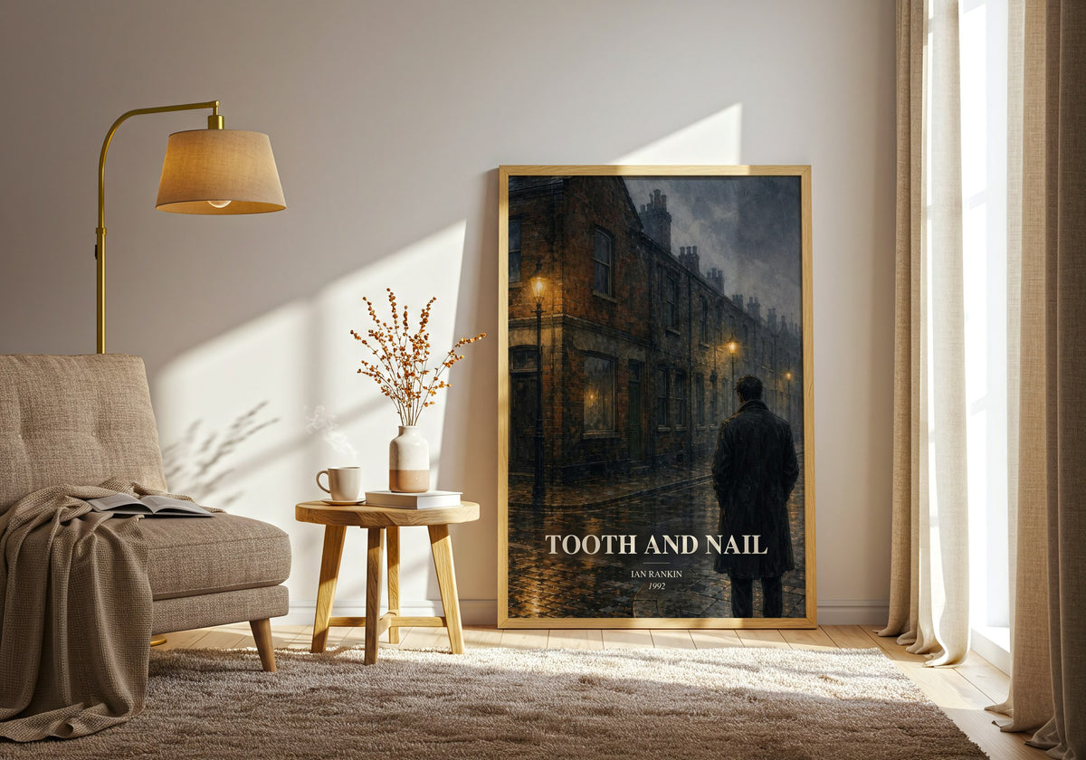 Tooth and Nail watercolour print in frame leaning in hallway – crime wall art (mockup)