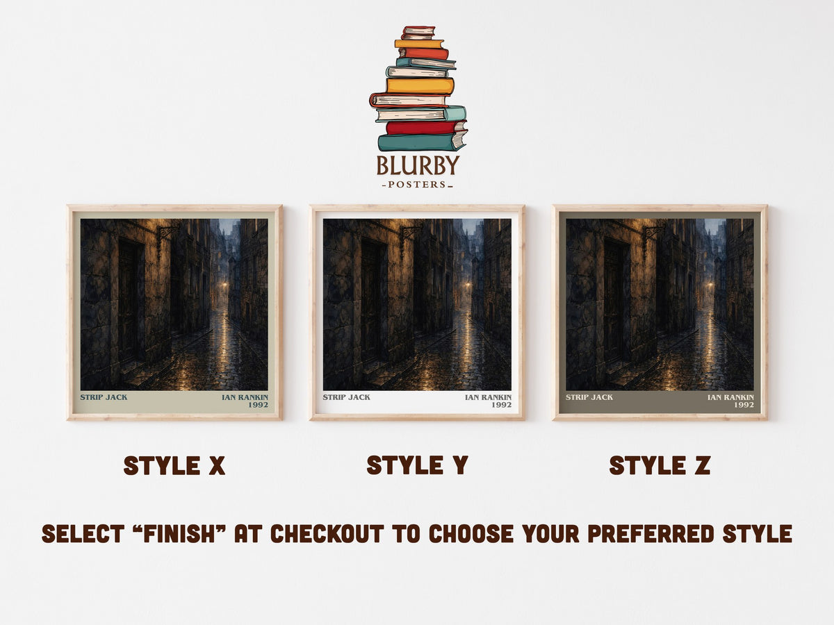 Strip Jack literary print in frame leaning in hallway – crime wall art (mockup)