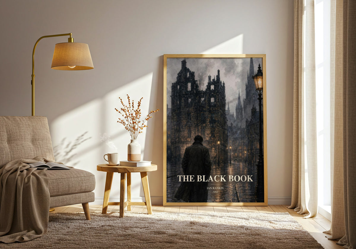 The Black Book watercolour print in frame leaning in hallway – crime wall art (mockup)