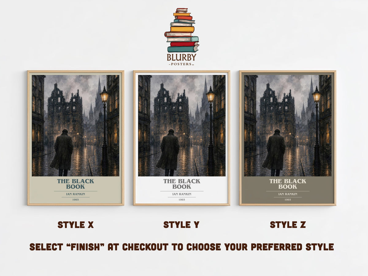 The Black Book book cover print in frame leaning in hallway – crime wall art (mockup)