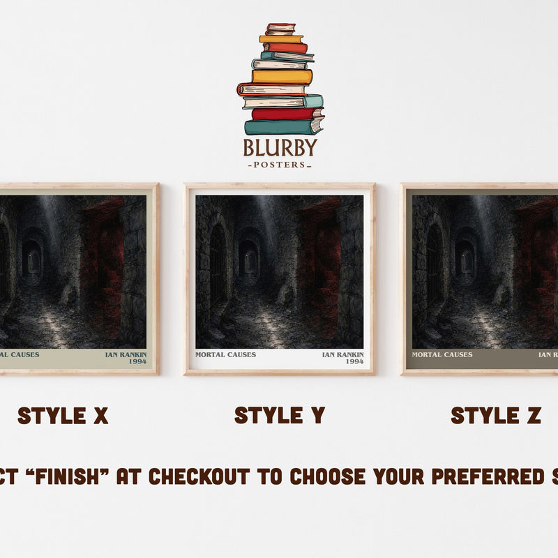 Mortal Causes literary print in frame leaning in hallway – crime wall art