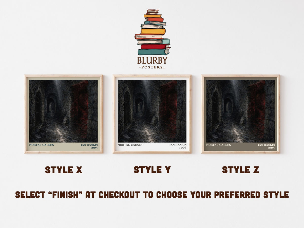 Mortal Causes literary print in frame leaning in hallway – crime wall art (mockup)