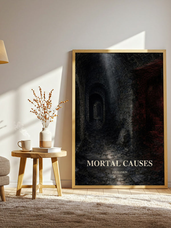 Mortal Causes watercolour print in frame leaning in hallway – crime wall art