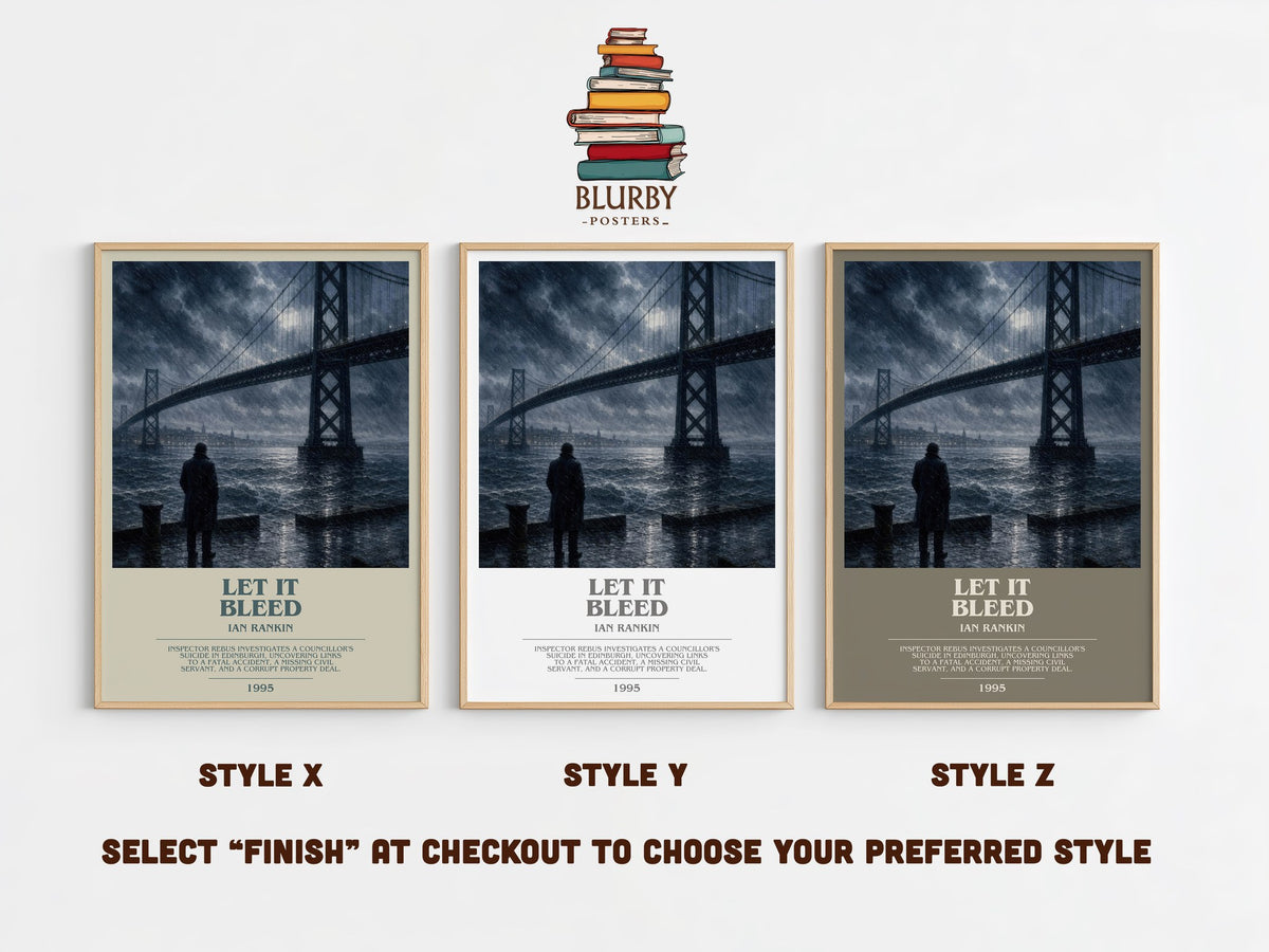 Let It Bleed bookish print in frame leaning in hallway – crime wall art (mockup)
