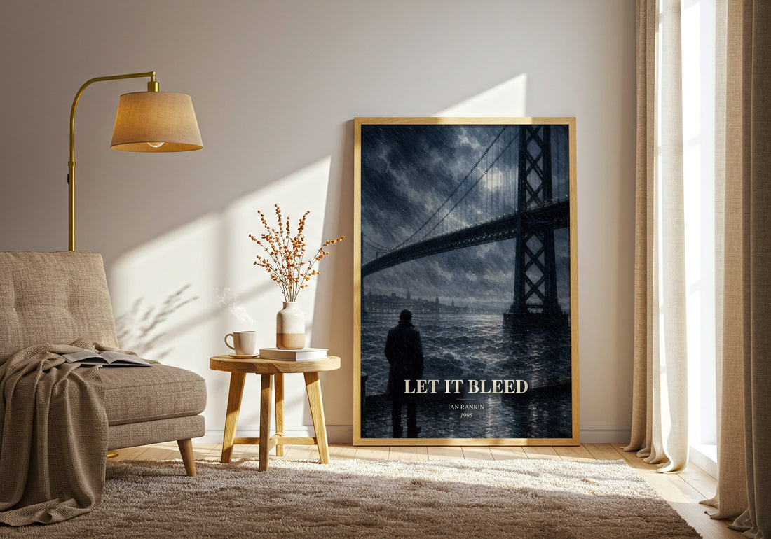 Let It Bleed watercolour print in frame leaning in hallway – crime wall art (mockup)