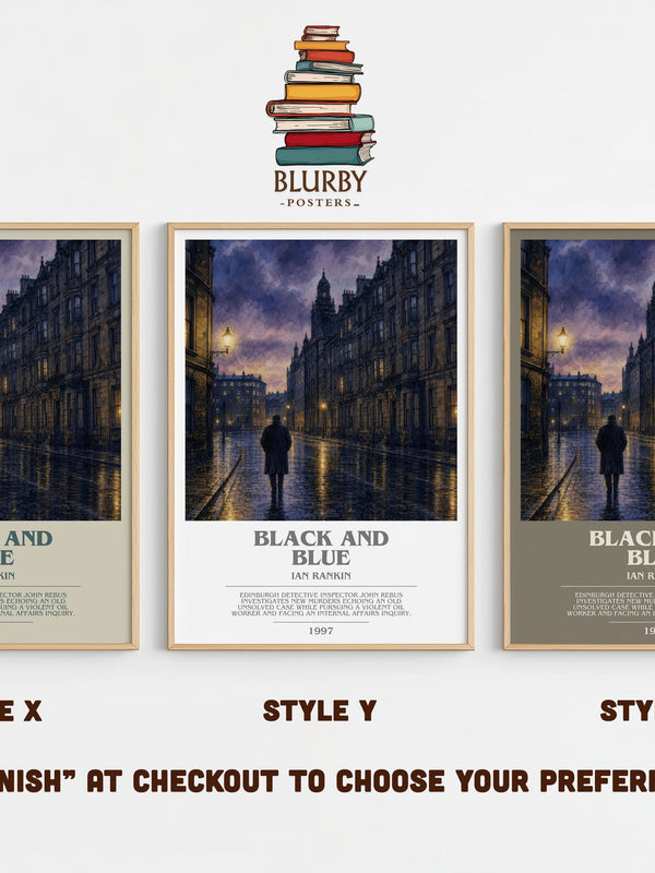 Black and Blue bookish print in frame leaning in hallway – crime wall art
