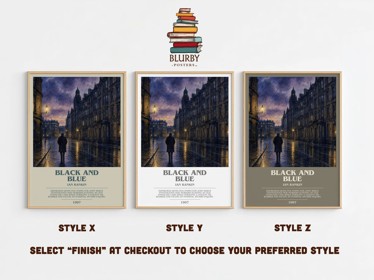 Black and Blue bookish print in frame leaning in hallway – crime wall art (mockup)