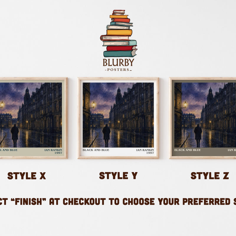 Black and Blue literary print in frame leaning in hallway – crime wall art