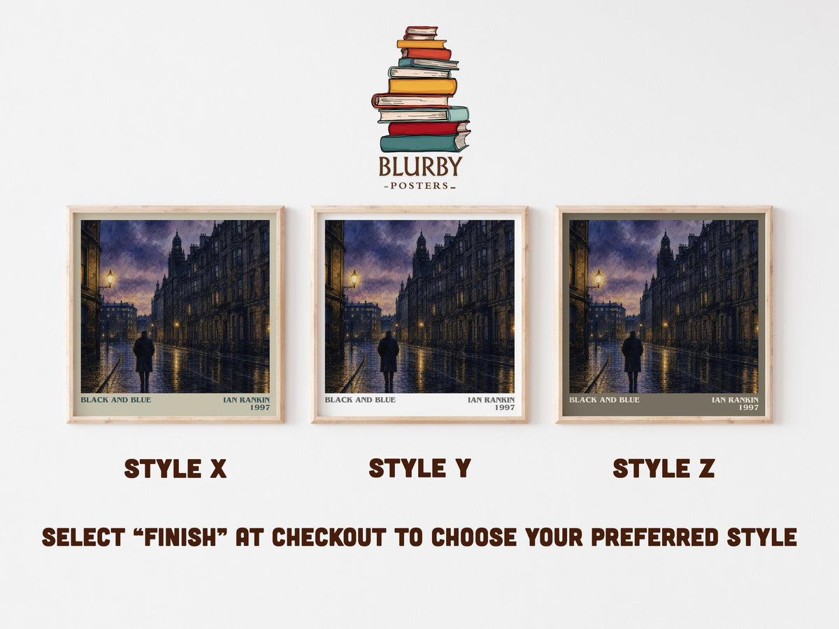 Black and Blue literary print in frame leaning in hallway – crime wall art (mockup)