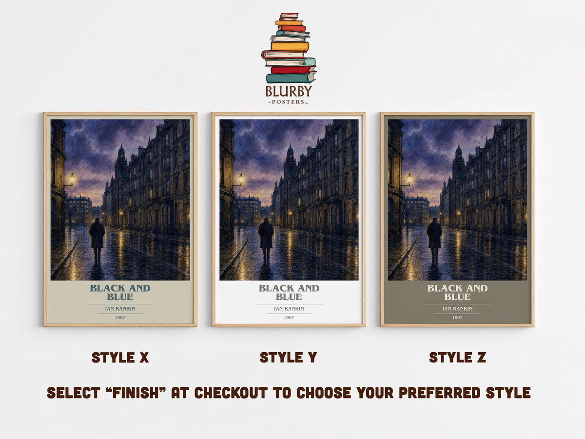 Black and Blue book cover print in frame leaning in hallway – crime wall art (mockup)