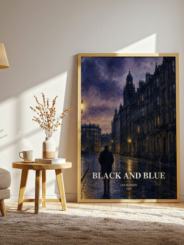 Black and Blue watercolour print in frame leaning in hallway – crime wall art