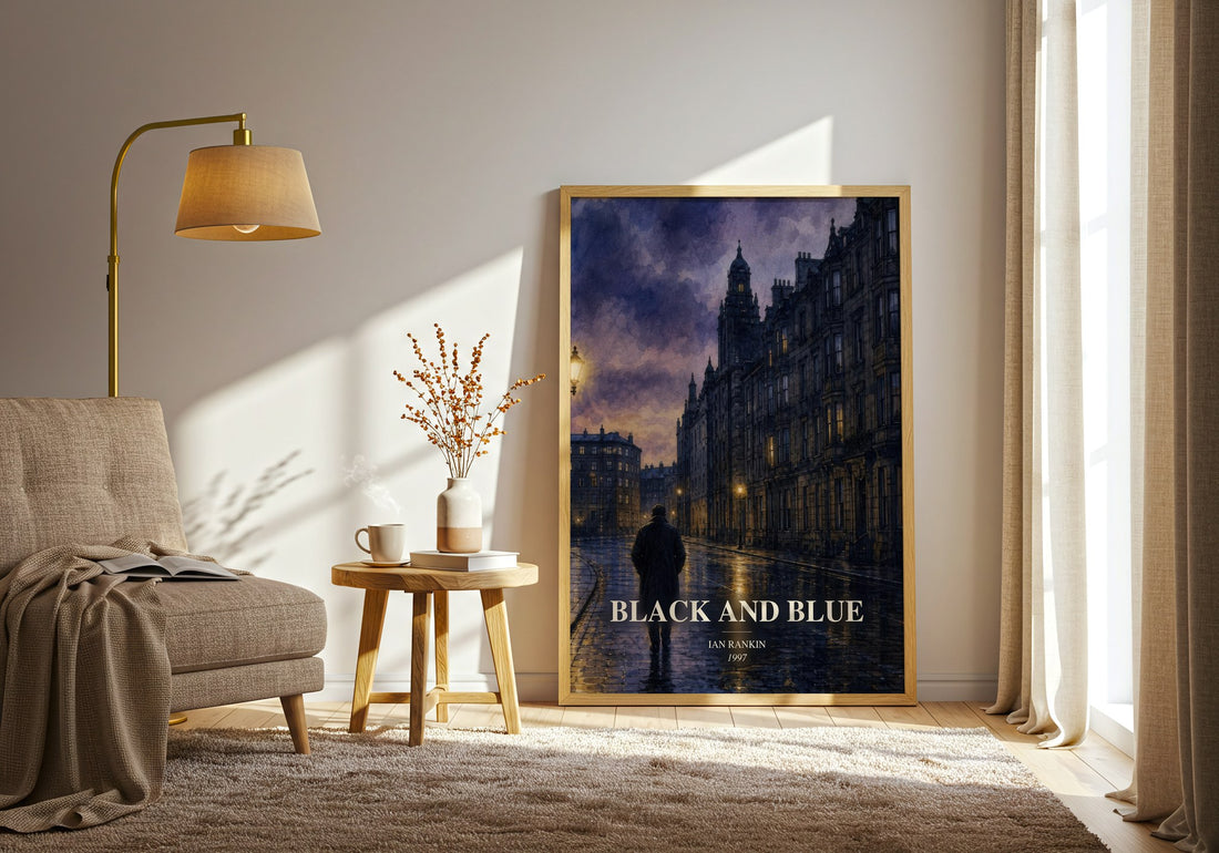 Black and Blue watercolour print in frame leaning in hallway – crime wall art (mockup)