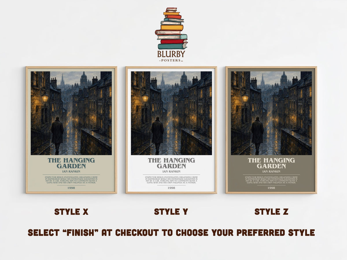 The Hanging Garden bookish print in frame leaning in hallway – crime wall art (mockup)