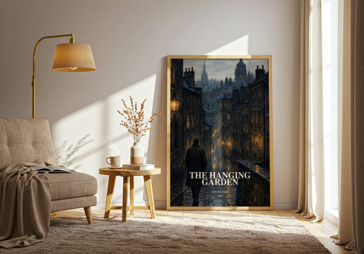 The Hanging Garden watercolour print in frame leaning in hallway – crime wall art (mockup)