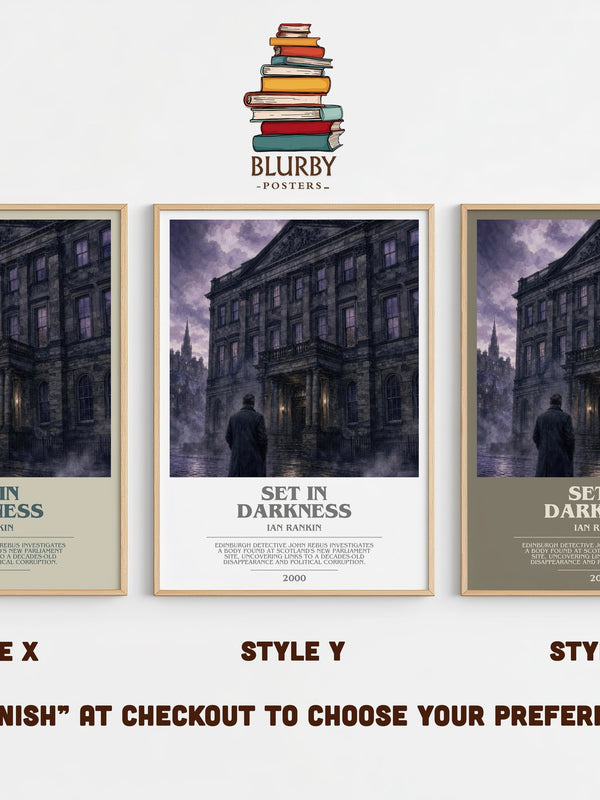 Set in Darkness bookish print in frame leaning in hallway – crime wall art