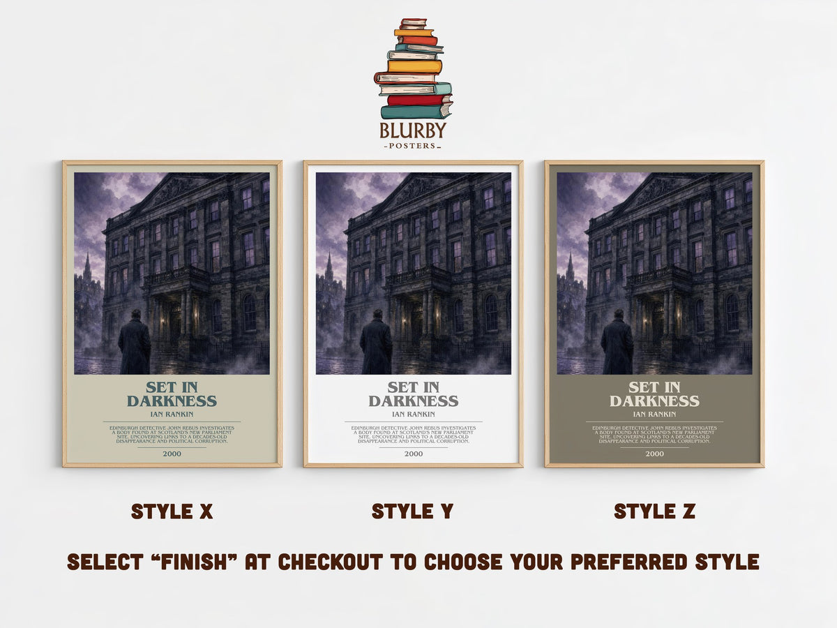 Set in Darkness bookish print in frame leaning in hallway – crime wall art (mockup)