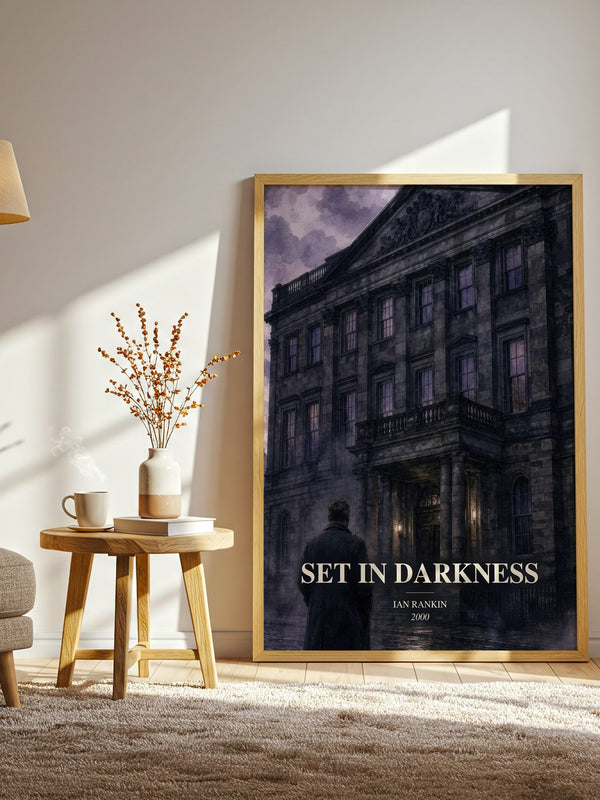 Set in Darkness watercolour print in frame leaning in hallway – crime wall art