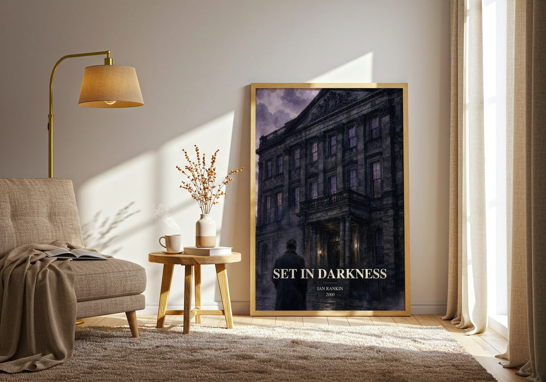 Set in Darkness watercolour print in frame leaning in hallway – crime wall art (mockup)