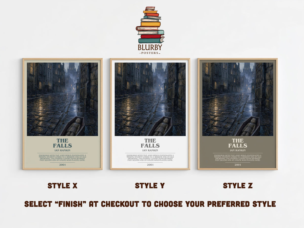 The Falls bookish print in frame leaning in hallway – crime wall art (mockup)