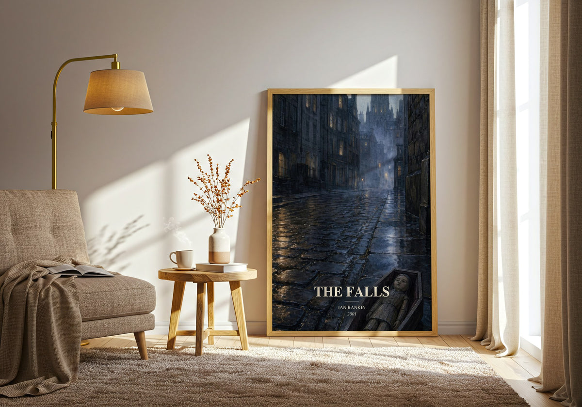 The Falls watercolour print in frame leaning in hallway – crime wall art (mockup)