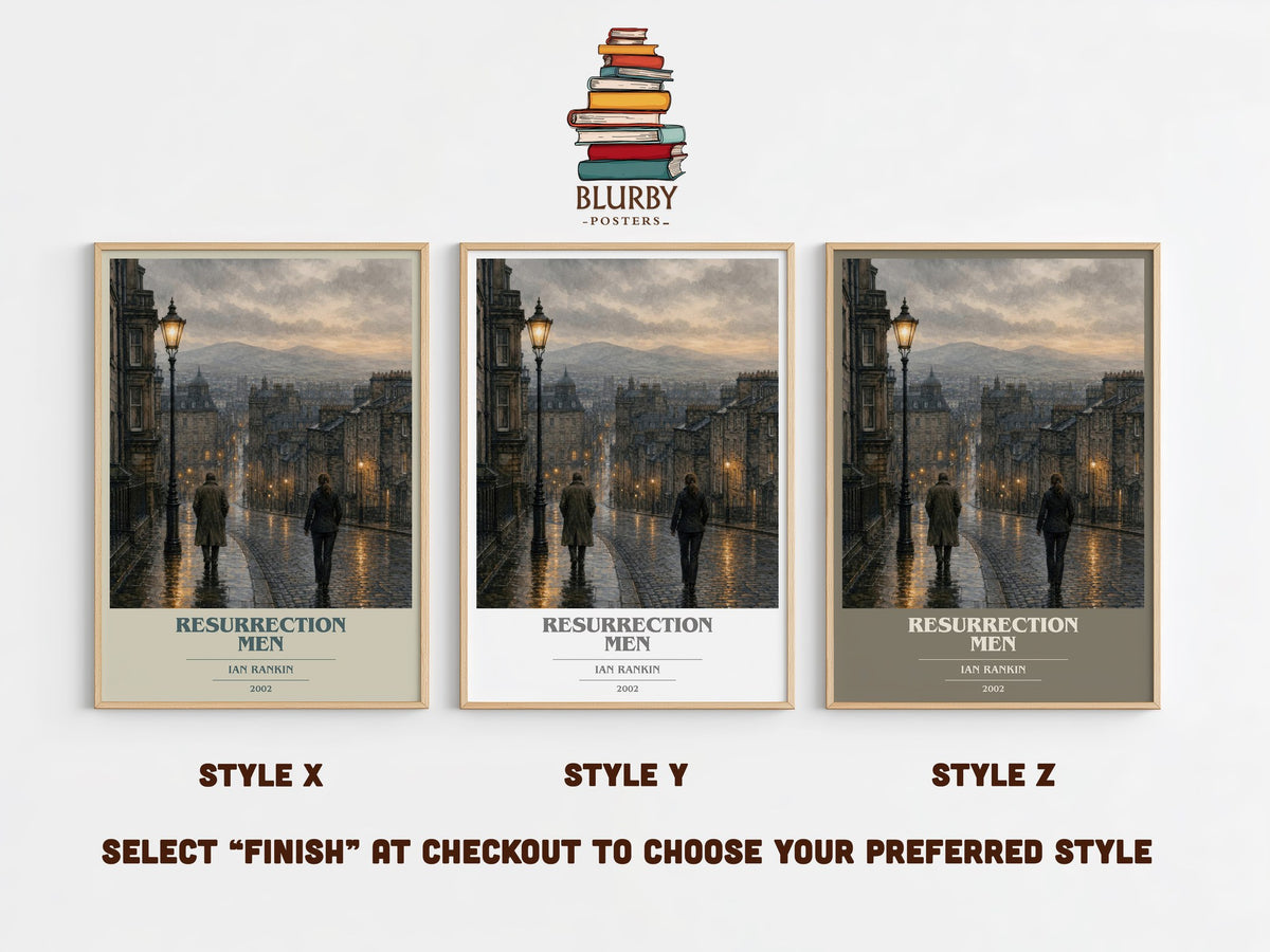 Resurrection Men book cover print in frame leaning in hallway – crime wall art (mockup)